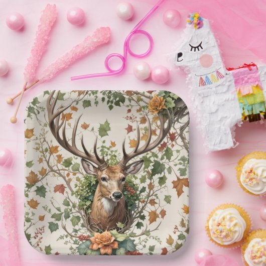 Buck Herten In Herfst Bloemen Papieren Bordje (Feest)