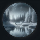 Buck in een winterrivier bij nacht papieren bordje<br><div class="desc">Een serene winternacht wordt afgebeeld met een hert dat staat bij een reflecterende rivier omringd door besneeuwde bomen</div>