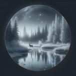 Buck in een winterrivier bij nacht papieren bordje<br><div class="desc">Een serene winternacht wordt afgebeeld met een hert dat staat bij een reflecterende rivier omringd door besneeuwde bomen</div>