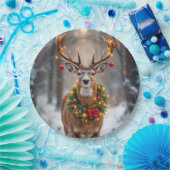 Buck In Snowflakes Wearing a Holiday Wreath Papieren Bordje (Feest)
