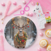 Buck In Snowflakes Wearing a Holiday Wreath Papieren Bordje (Feest)