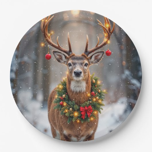Buck In Snowflakes Wearing a Holiday Wreath Papieren Bordje (Voorkant)