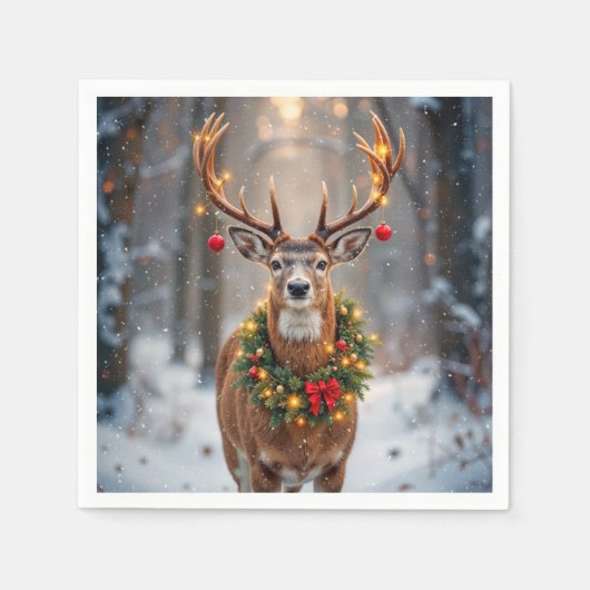 Buck In Snowflakes Wearing a Holiday Wreath Servet (Voorkant)