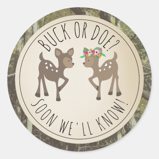 Buck of Doe Camo Baby Geslacht onthullen Ronde Sticker (Voorkant)