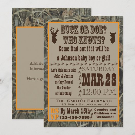 Buck of Doe Gender onthullen Uitnodigingen (Voorkant / Achterkant)