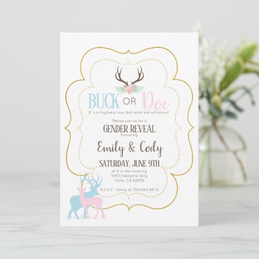 Buck of Doe Gender Reopenbaart het Baby shower van Kaart (Staand voorkant)