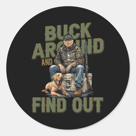 Buck rond en ontdek de grappige Trump Camo-jacht Ronde Sticker (Voorkant)
