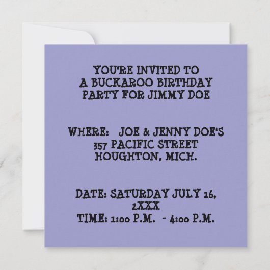BUCKAROO BIRTHDAY PARTY INVITATION ~ EZ2 CUSTOMIZE KAART (Achterkant)