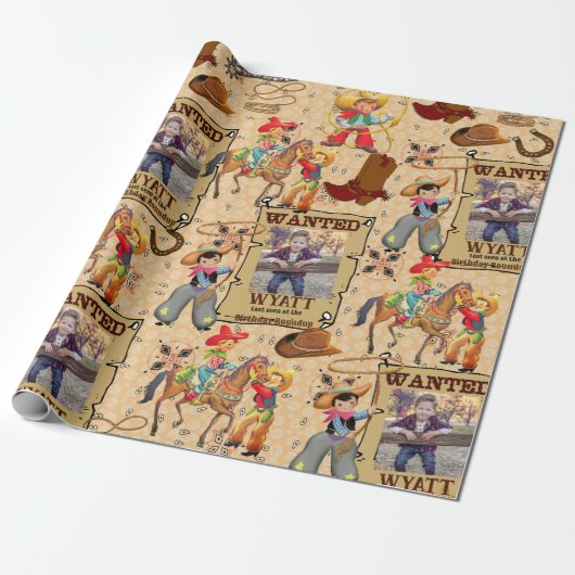 Buckaroo Cowboy Gezocht Foto & Naam toevoegen Cadeaupapier (Uitgerold)