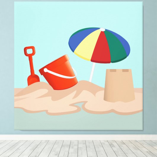 Bucket en Spade Beach Scene Illustratie Canvas Afdruk (Insitu (Houten vloer))