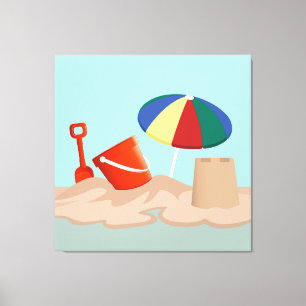 Bucket en Spade Beach Scene Illustratie Canvas Afdruk