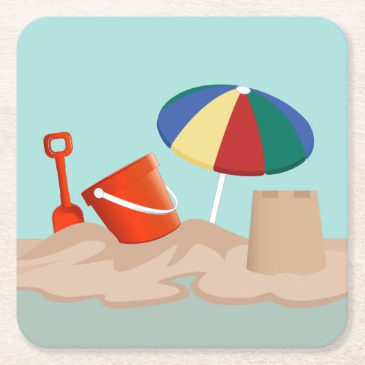 Bucket en Spade Beach Scene Illustratie Kartonnen Onderzetters (Voorkant)
