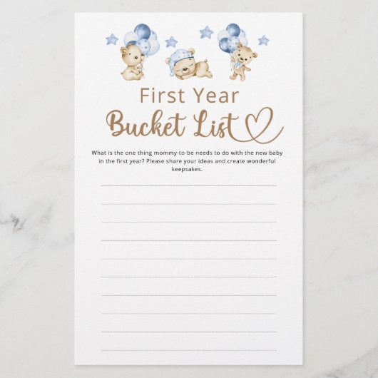 Bucket List Eerste jaar Boy Teddy Bear Baby shower (Voorkant)
