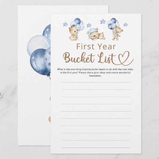 Bucket List Eerste jaar Boy Teddy Bear Baby shower (Voorkant / Achterkant)