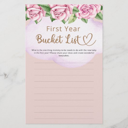 Bucket List Eerste Jaar Meisje Baby shower (Voorkant)