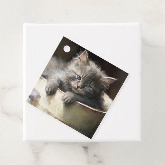 Bucket vol met Joy Sweet Grey Kitten Bedankjes Labels (In situ)