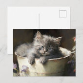 Bucket vol met Joy Sweet Grey Kitten Briefkaart (Voorkant / Achterkant)