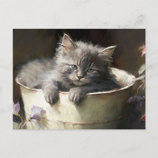 Bucket vol met Joy Sweet Grey Kitten Briefkaart (Voorkant)
