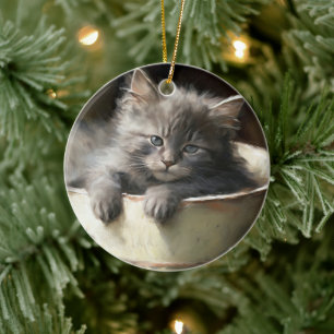 Bucket vol met Joy Sweet Grey Kitten Keramisch Ornament