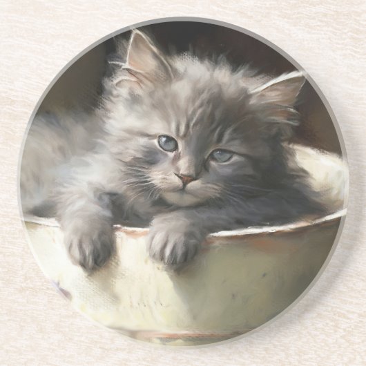 Bucket vol met Joy Sweet Grey Kitten Zandsteen Onderzetter (Voorkant)
