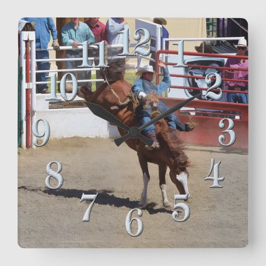Bucking Bareback Bronco and Rodeo Cowboy Clock Vierkante Klok (Voorkant)