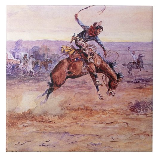 “Bucking Bronco” Cowboy Kunst van Charles Russell Tegeltje (Voorkant)