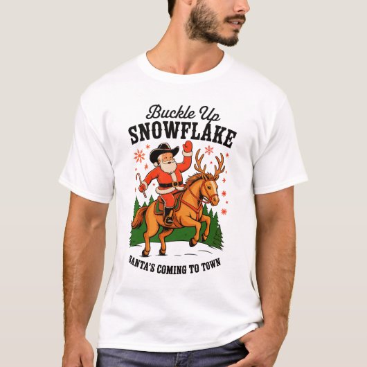 Buckle Up Snowflake Rodeo Cowboy Santa Christmas T-shirt (Voorkant)