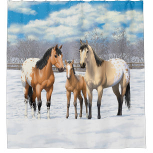 Buckskin Appaloosa paarden in de winterweide Douchegordijn