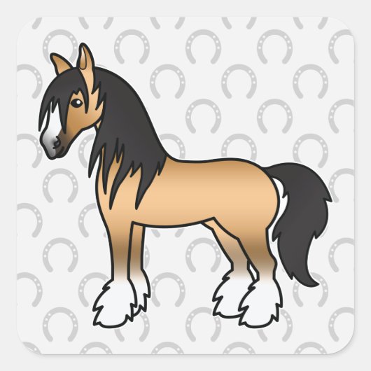 Buckskin Cartoon Gypsy Vanner Shire Horse Vierkante Sticker (Voorkant)
