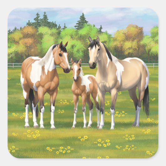 Buckskin deun verfpaarden in zomerdeeg vierkante sticker (Voorkant)