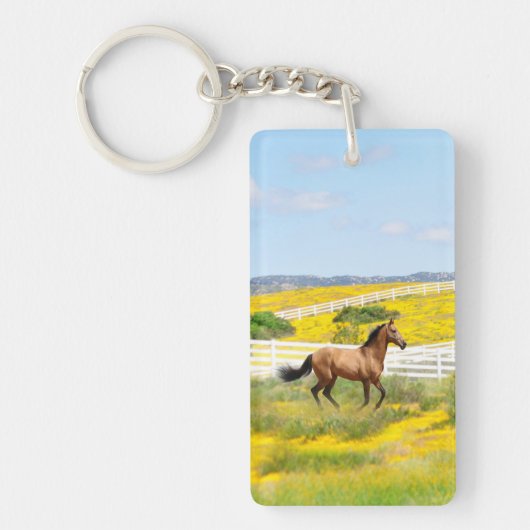 Buckskin Horse Galloping in a Field of Flowers Sleutelhanger (Voorkant)