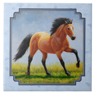 Buckskin Horse Runing Light Blue Tegeltje
