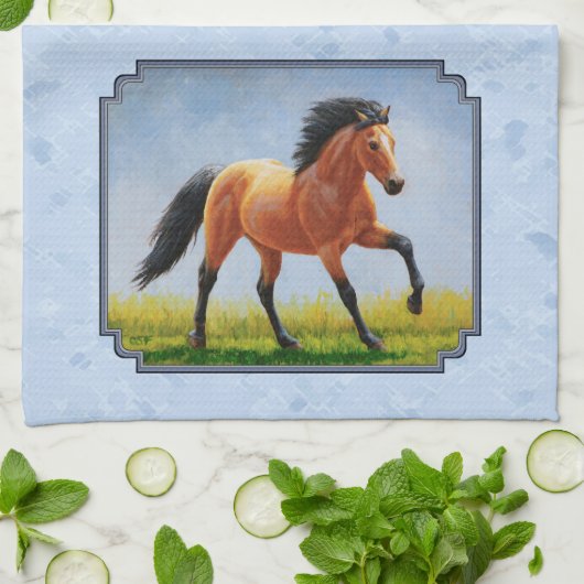 Buckskin Horse Runing Light Blue Theedoek (Gevouwen)