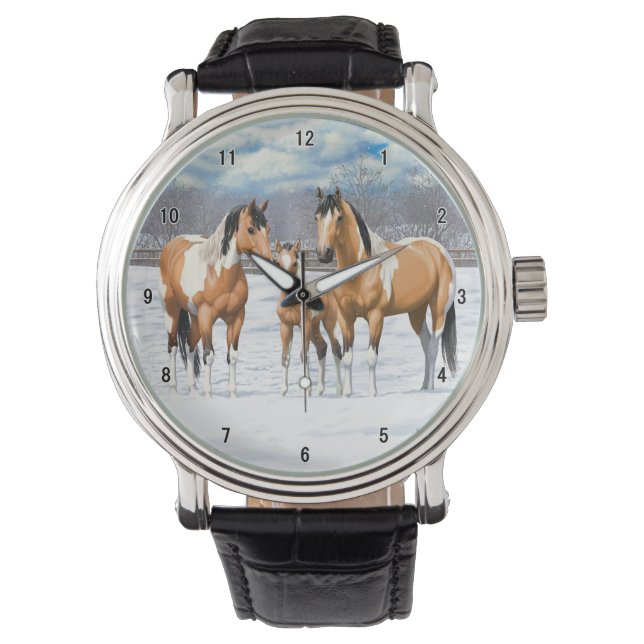 Buckskin Paint Horses in sneeuw Horloge (Voorkant)