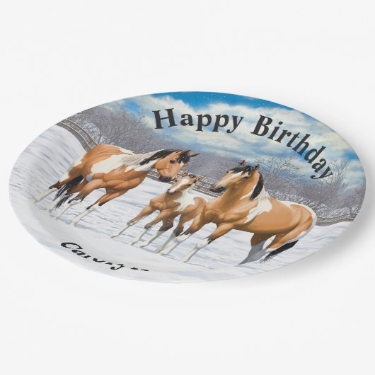 Buckskin Paint Horses in sneeuw Papieren Bordje (Gekanteld)