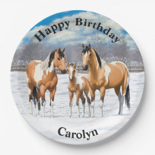 Buckskin Paint Horses in sneeuw Papieren Bordje