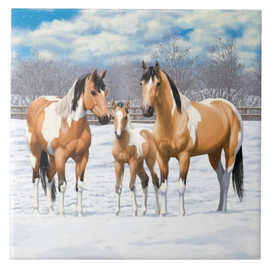 Buckskin Paint Horses in sneeuw Tegeltje (Voorkant)