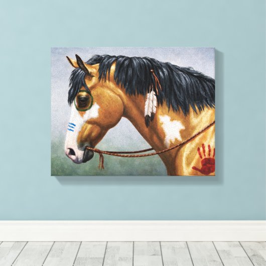 Buckskin Pinto Native American War Horse Canvas Afdruk (Insitu (Houten vloer))