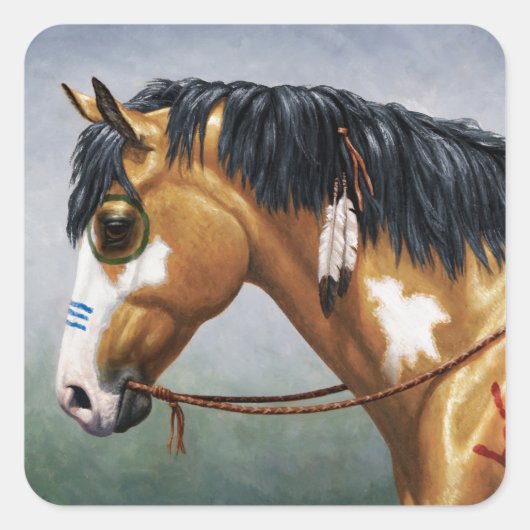 Buckskin Pinto Native American War Horse Vierkante Sticker (Voorkant)