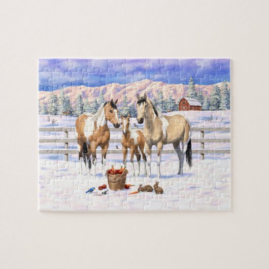 Buckskin pinto verf kwart paarden in sneeuw legpuzzel (Horizontaal)
