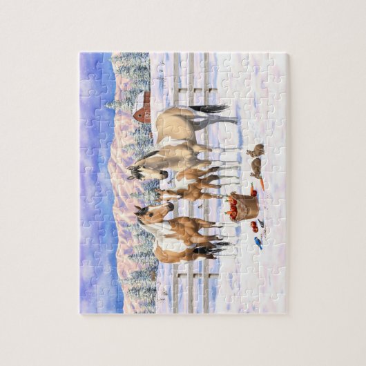 Buckskin pinto verf kwart paarden in sneeuw legpuzzel (Verticaal)
