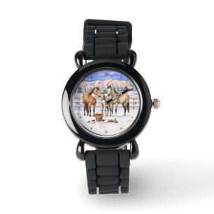 Buckskin Quarter Horses op sneeuw Horloge
