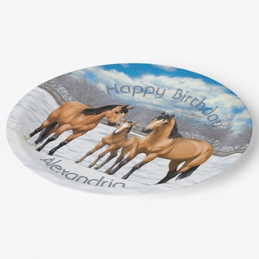 Buckskin Quarter Horses op sneeuw Papieren Bordje (Gekanteld)