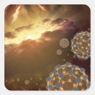 Buckyballen zwevend in de interstellaire ruimte vierkante sticker