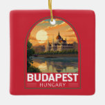 Budapest Hongarije Travel Art Vintage Keramisch Ornament<br><div class="desc">Budapest retro vector reisontwerp in een embleemstijl. Boedapest,  de hoofdstad van Hongarije,  wordt doorsneden door de Donau. De 19e-eeuwse Kettingbrug verbindt de heuvelachtige wijk Buda met plat Pest.</div>