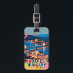 Budapest Hungary Night Cityscape Pop Art Collage Bagagelabel<br><div class="desc">Budapest Hungary night cityscape showcasing the historic Parliament building and Chain Bridge glowing along the Danube River. This illuminated skyline is reimagined as a pop art collage, blending classic vintage retro travel vibes with mixed media textures to celebrate Eastern Europe travel. Often called the 'Pearl of the Danube, ' this...</div>