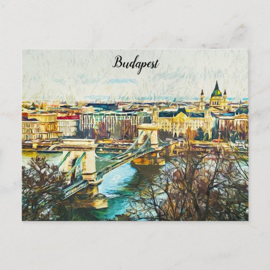 Budapest Hungary Oil Paint Panorama Uitzicht Briefkaart (Voorkant)