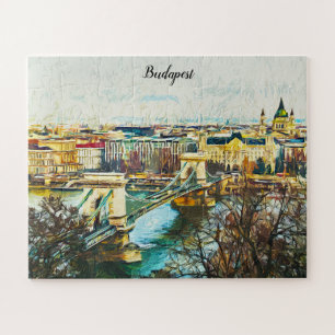 Budapest Hungary Oil Paint Panorama Uitzicht Legpuzzel