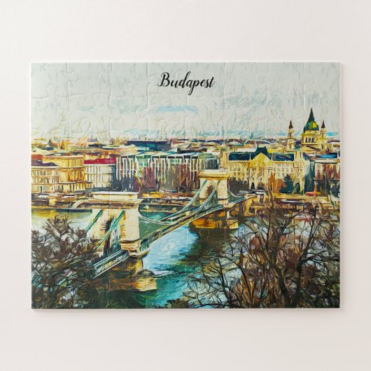 Budapest Hungary Oil Paint Panorama Uitzicht Legpuzzel (Horizontaal)