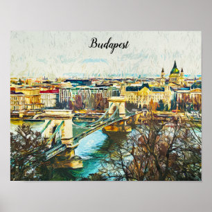 Budapest Hungary Oil Paint Panorama Uitzicht Poster